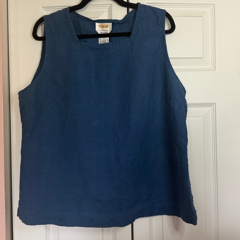 Vintage Talbots 100% Irish Linen Top XL Deep Blue Square Neck Sleeveless